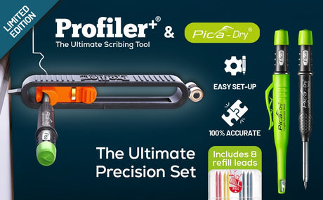 The Profiler+ & Pica-Dry Ultimate Precision Set, including the scribing tool, automatic pencil, and refill leads.
