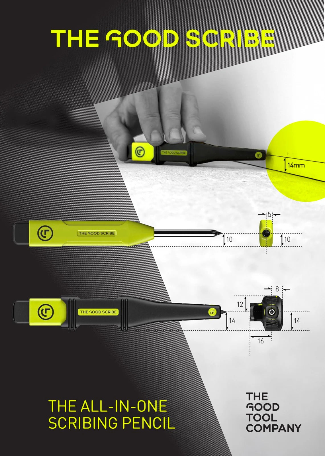 Close-up showing the 5 to 16mm precision offset references and the built-in high-visibility sharpener on The Good Scribe.