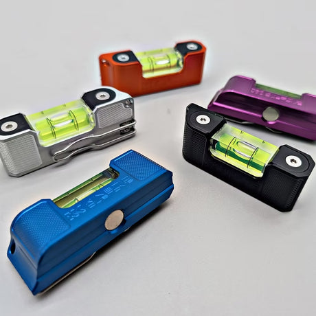 CNC machined billet aluminium Kinetic Customs pocket level featuring a stainless steel clip and adjustable vial.