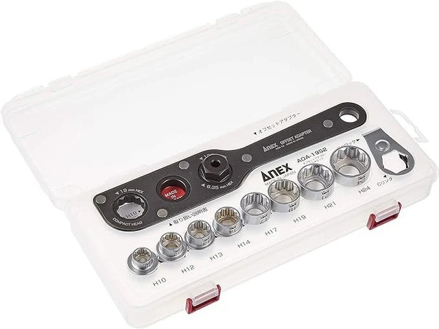 The Anex AOA-19S2 Offset Adaptor Socket Set (12 Piece) in its durable polycarbonate carry case.