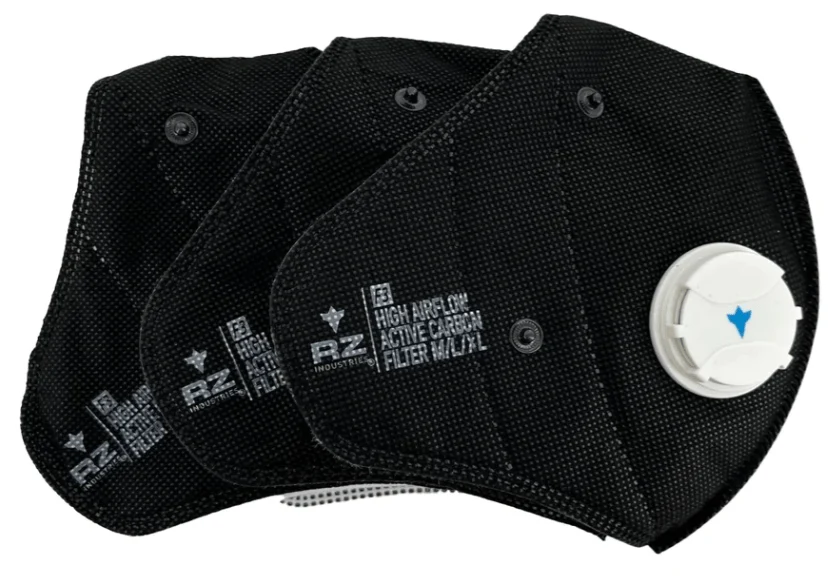 Close-up of a single RZ Mask RZM3 F3 filter, showing its multi-layer construction with activated carbon.