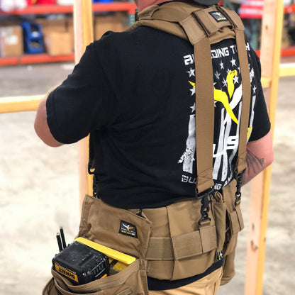 AIMS padded traditional tool belt set up with the heavy duty suspenders and the padded yoke to minimize load applied to the shoulder area. 