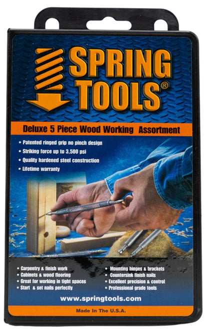Woodworking person will benefit from this 'Deluxe 5 piece assortment' from Spring Tools. Perfect for tight spaces and it is great for drilling, mounting door hinges, start and finish nailing, and etc.